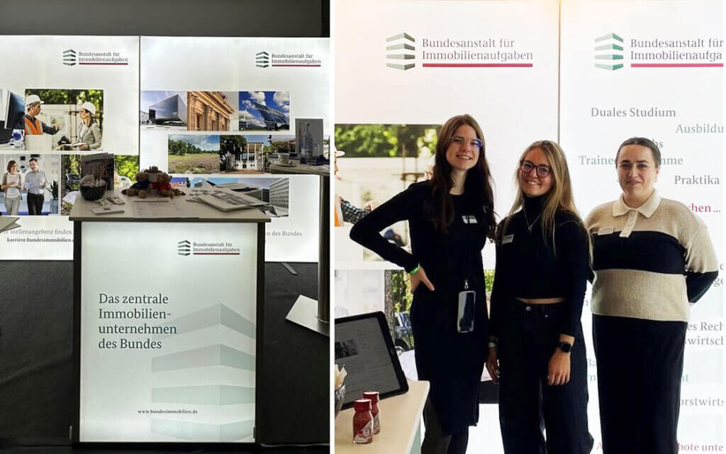 Messe-Preis auf der Stuzubi Ausbildungsmesse in München 6 Drei junge Frauen am Messestand der Bundesanstalt für Immobilienaufgaben, Ausbildungsmesse München, Messe Award Stuzubi Star